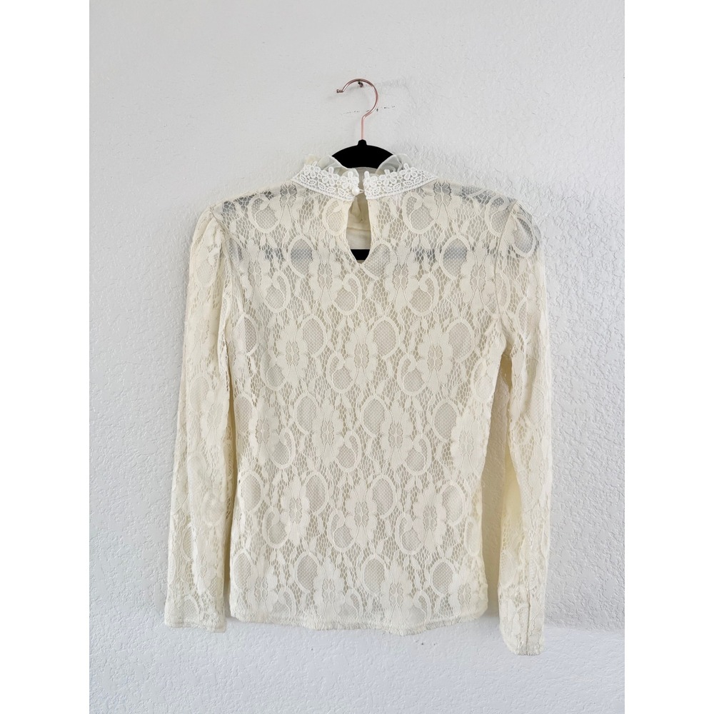 Vintage Lace Blouse Womens M Cream Victorian High Neck Crochet Long Sleeve - Picture 6 of 6